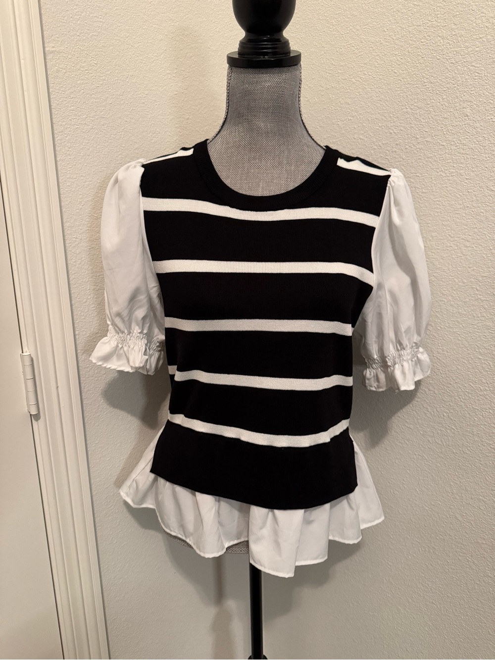 Nanette Lepore Black and White Striped Puff-Sleeve Top